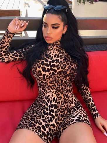Leopard Bodycon Long Sleeve Jumpsuit - Brown / s Stylord