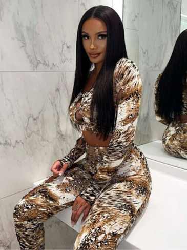 Leopard Long Sleeve O-neck Two Piece Set - Brown / s Stylord