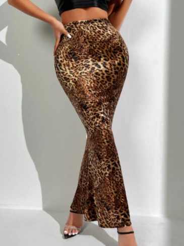 Leopard Print High Waist Mermaid Velvet Maxi Skirt - Brown / s Stylord