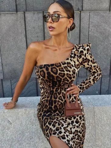 Leopard One Shoulder Ruched Bodycon Midi Dress - Brown / s Stylord