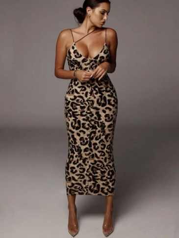 Leopard Thin Spaghetti Straps Elegant Dress - Brown / s Stylord