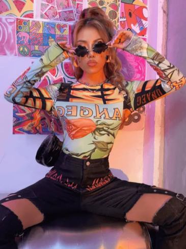 Letter & Floral Print Long Sleeve Top - Multi / s Stylord