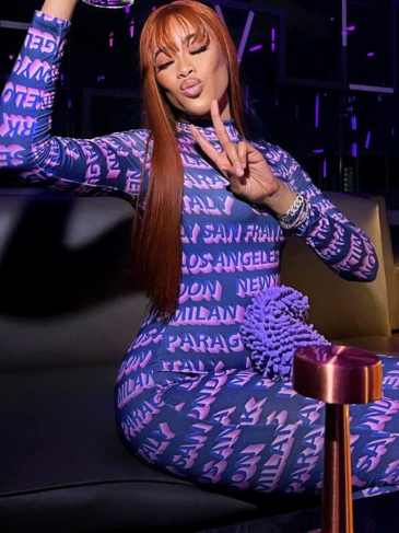 Letter Print O-neck Long Sleeve Bodycon Jumpsuit - Purple / s Stylord