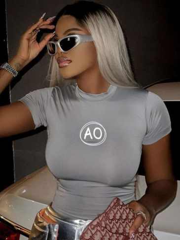 Ao Letter Print Short Sleeve Fashion T-shirt - Gray / s Stylord