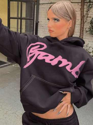 Letter Print Winter Street-wear Fleece Hoodie - Black / s Stylord