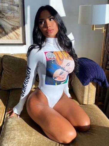 Letter Printed Turtleneck Bodysuit - White / s Stylord