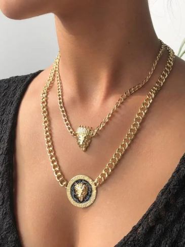 Lion Head Crown Multilayer Necklace - Gold Stylord