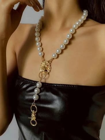 Lion Head Exaggerated Pearl Necklace - Gold Stylord