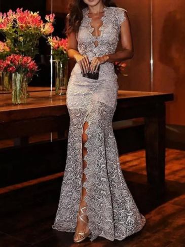 Long Lace Evening Party Dress - Grey / s Stylord