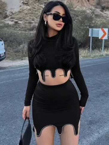 Long Sleeve Crop Top Bodycon Mini Skirt Two Piece Set - Black / s Stylord