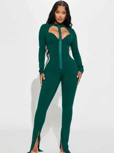 Long Sleeve Hollow Out Zipper Slit Jumpsuit - Green / s Stylord
