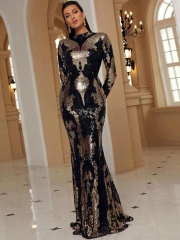 Long Sleeve O-neck Sequins Formal Maxi Dress - Rent / Gold s Stylord