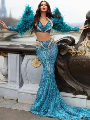 Long Sleeve Sequin Feather Green Maxi Mermaid Celebrity Dress - Rent / s Stylord