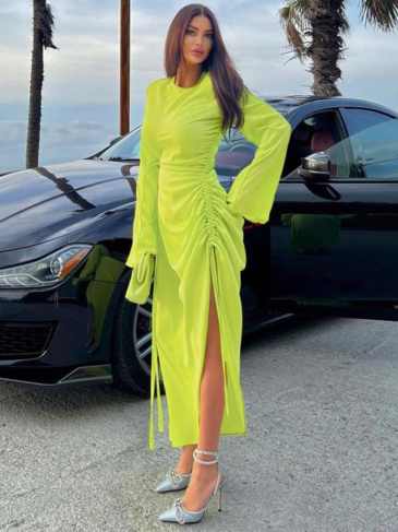 Long Sleeve Solid O-neck Smocked Midi Slit Dress - Green / s Stylord