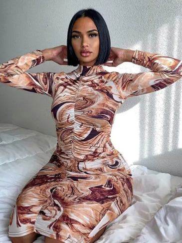 Long Sleeve Vintage Bodycon Midi Dress - Brown / s Stylord