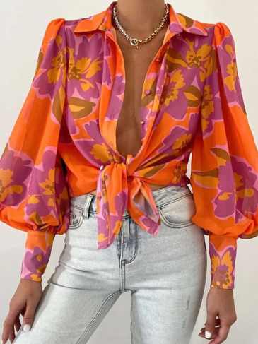 Loose Puff Sleeve Printed Blouse Long Shirt - Orange / s Stylord