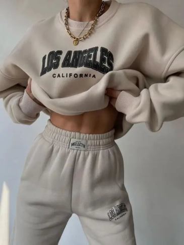Los Angeles Letter Print Casual Two Piece Set - Beige / s Stylord