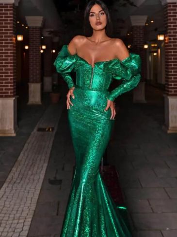 Luxury Evening Slash Neck Green Dress - Rent / s Stylord