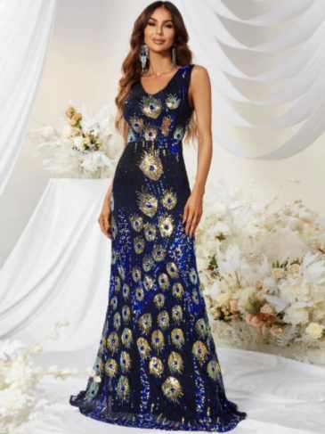 Mermaid Hem Sequin Formal Maxi Dress - Rent / Blue s Stylord