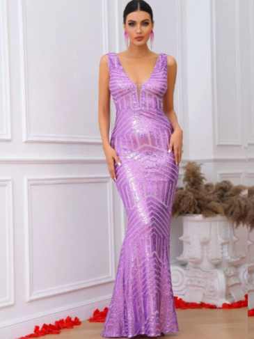 Mesh Insert V-back Mermaid Sequin Maxi Dress - Rent / Purple s Stylord