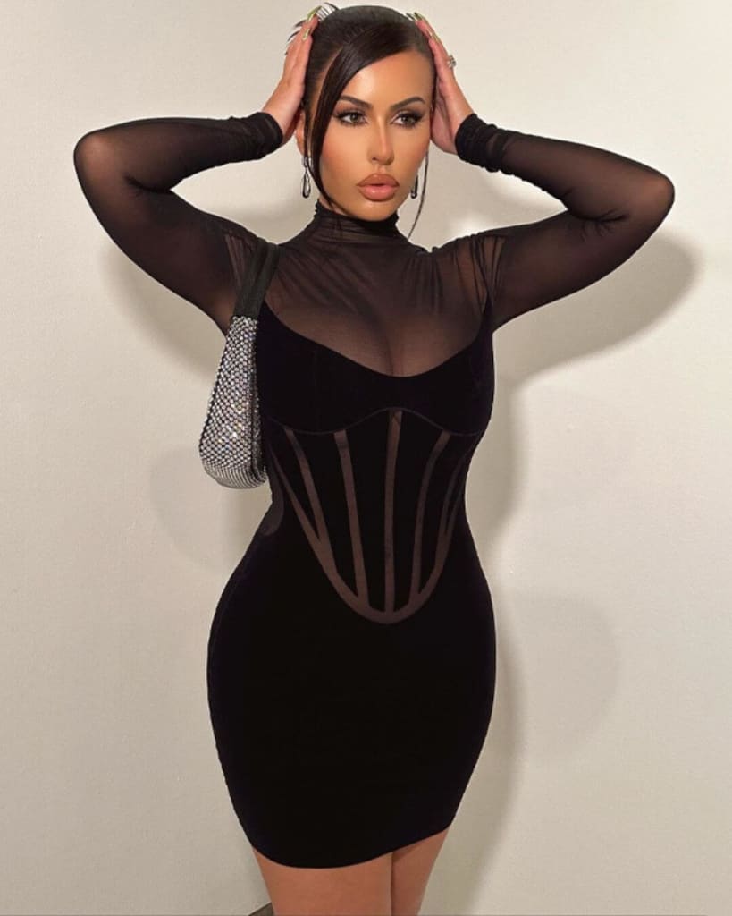 Top black mesh long sleeve bodycon dress Deals