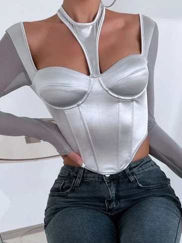 Mesh Patchwork Halter Sexy Corset Crop Top - Silver / s Stylord