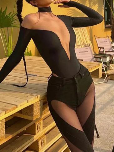 Mesh Patchwork Long Sleeve Bodysuit - Stylord