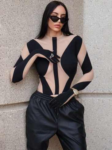 Mesh Patchwork Sexy Long Sleeve Bodycon Bodysuit - Black / s Stylord
