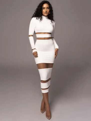 Mesh Patchwork Turtleneck Long Sleeve Dress - White / s Stylord