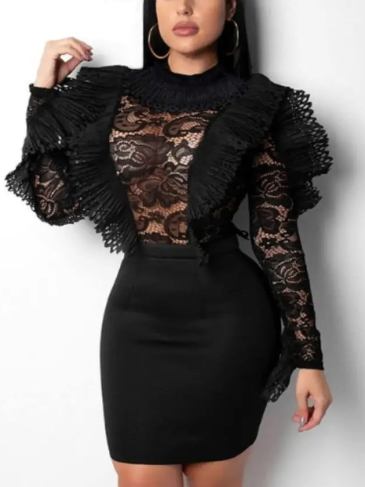 Mesh Ruffle Transparent Lace Bodysuit - Black / One Size Stylord