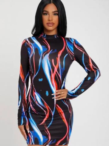 Mock-neck Bodycon Mini Dress - Multi / s Stylord