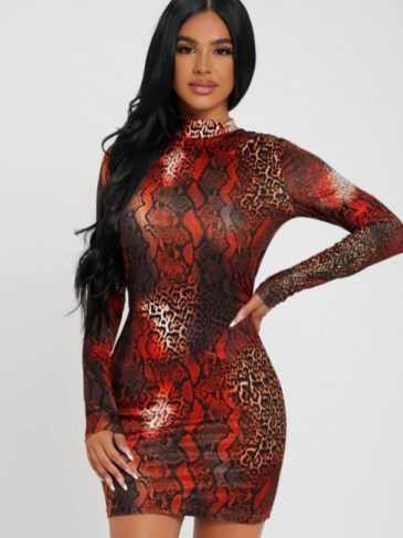 Mock-neck Snakeskin Bodycon Dress - Red / s Stylord
