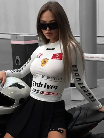 Moto Biker Printed Cyber Y2k White T-shirt - Stylord