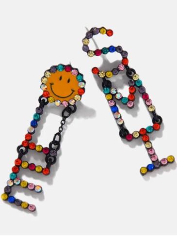 Multicolor Alphabet Smiley Rhinestone Earrings - Multi Stylord