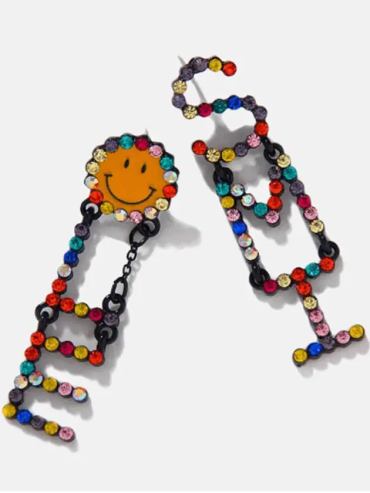 Multicolor Alphabet Smiley Rhinestone Earrings - Multi Stylord