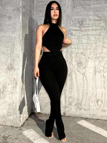 O-neck Backless Sexy Crop + Pant Two Pieces Set - Black / s Stylord