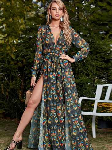 V-neck Paisley Long Sleeve Boho Dress - Green / s Stylord