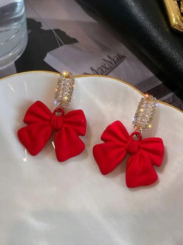 New Stylish Crystal Bow Knot Dangle Earrings - Red Stylord