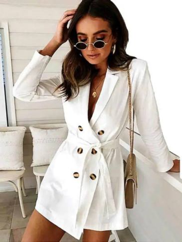 Notched Neck Bandage Blazer Dress - White / m Stylord