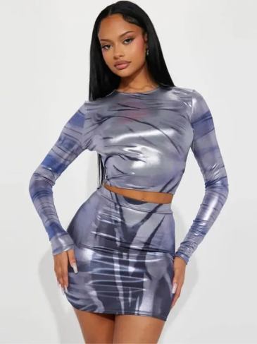 O-neck 3d Print Long Sleeve High Waist Leather Two Piece Set - Blue / s Stylord