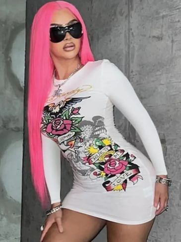 O-neck Artistic Print Long Sleeve Mini Dress - Stylord