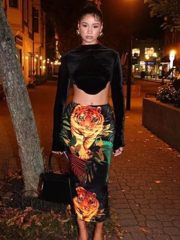 O-neck Long Sleeve Crop Top Tiger Print Two Piece Set - Black / s Stylord