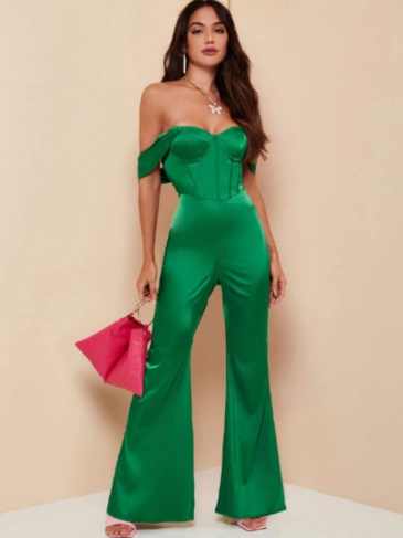 Off Shoulder Bustier Flare Leg Jumpsuit - Green / s Stylord