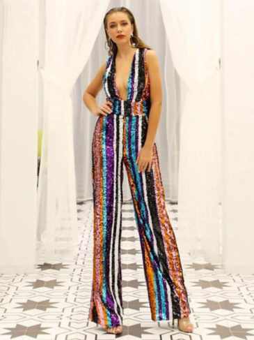 Off Shoulder Multi Color Sequin Jumpsuit - s Stylord