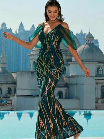 Off Shoulder V-neck Mesh Sleeve Sequin Sexy Maxi Dress - Rent / Green s Stylord