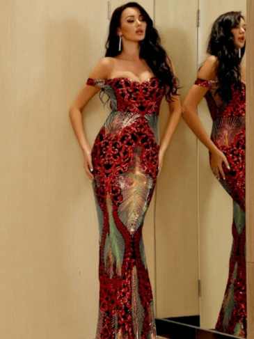 Off Shoulder Sequin Mermaid Evening Dress - Rent / Red m Stylord