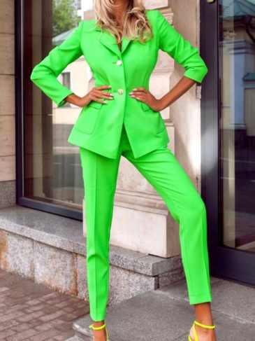 Office Elegant Blazer + Pant Two Piece Set - Green / s Stylord