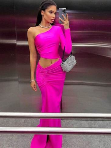 One Shoulder Cut Out Ruched Slit Dress - Pink / s Stylord