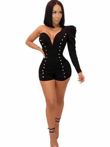 One Shoulder V-neck Beaded Elegant Jumpsuit - Black / Size Stylord