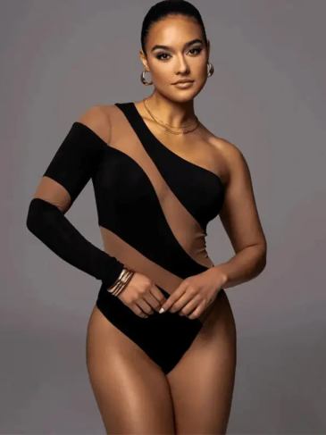 One Shoulder Sexy Mesh Bodycon Bodysuit - Black / s Stylord